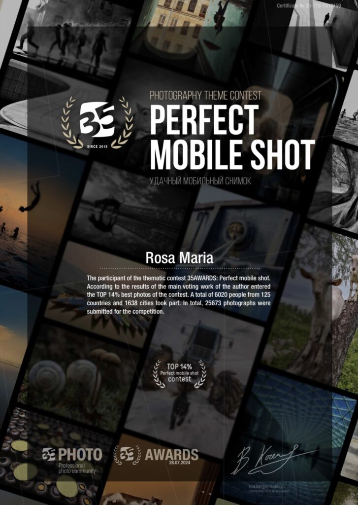 Reconocimiento a Rosa Jurado 35 awards International photography, top 14%.